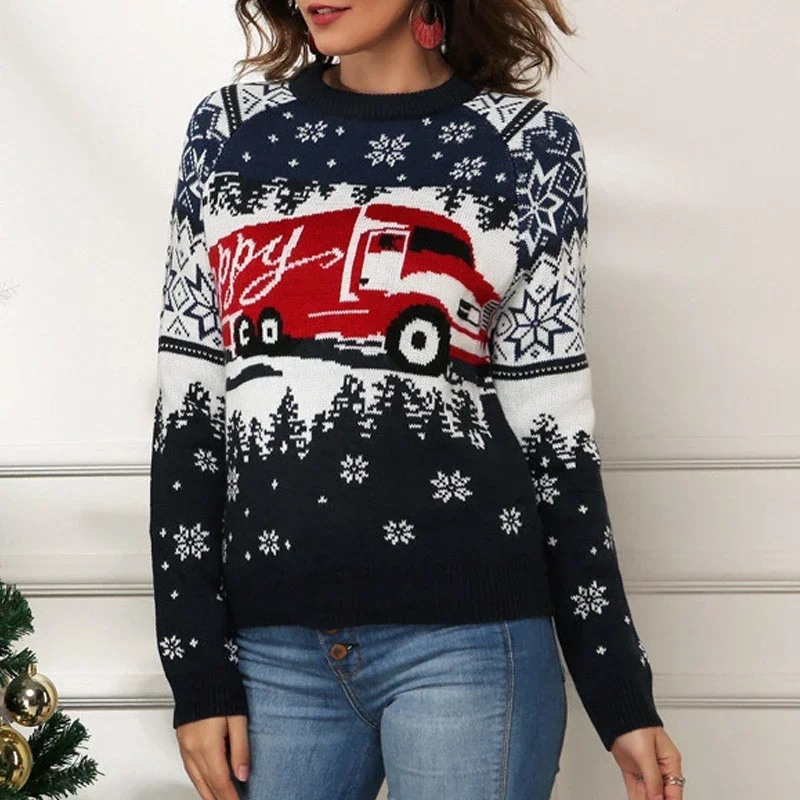 Damski sweter z dzianiny Cartoon Snowflake Bus Christmas Jesień Zima Moda Damskie swetry z długim rękawem Y2K Xmas Jumpers