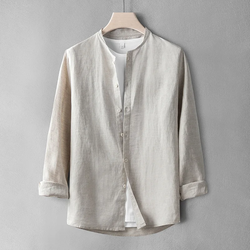 Lao Tan Same Style Youth Linen Shirt Men's Longsved Thin Cleanfit  Collar Inner Wear Fleece Lined PU Leather Shirt