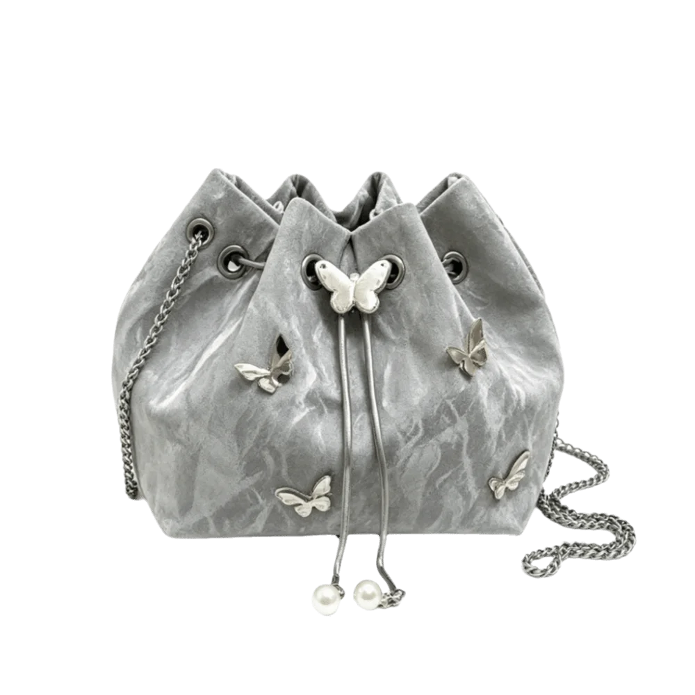 PU Drawstring Bucket Bag Pearl Pendant Adjustable Strap Chain Crossbody Bag Minimalist Design Metal Butterfly Accent