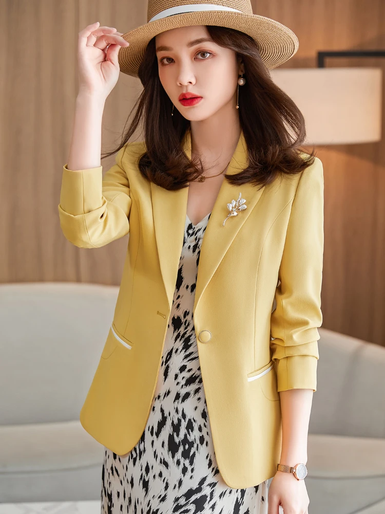 

Повседневный желтый женский костюм с длинными рукавами: пиджак для весны и осени, универсальный, приталенный, в уличном стиле, для работы, из полиэстера