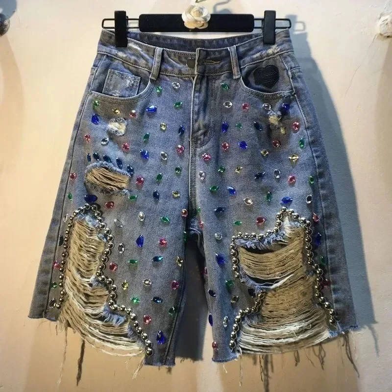 Women High Waist Stretch Denim Shorts 2026 Summer, Frayed Ripped Design With Shiny Rhinestones, Casual Street Ladies Hot Pants