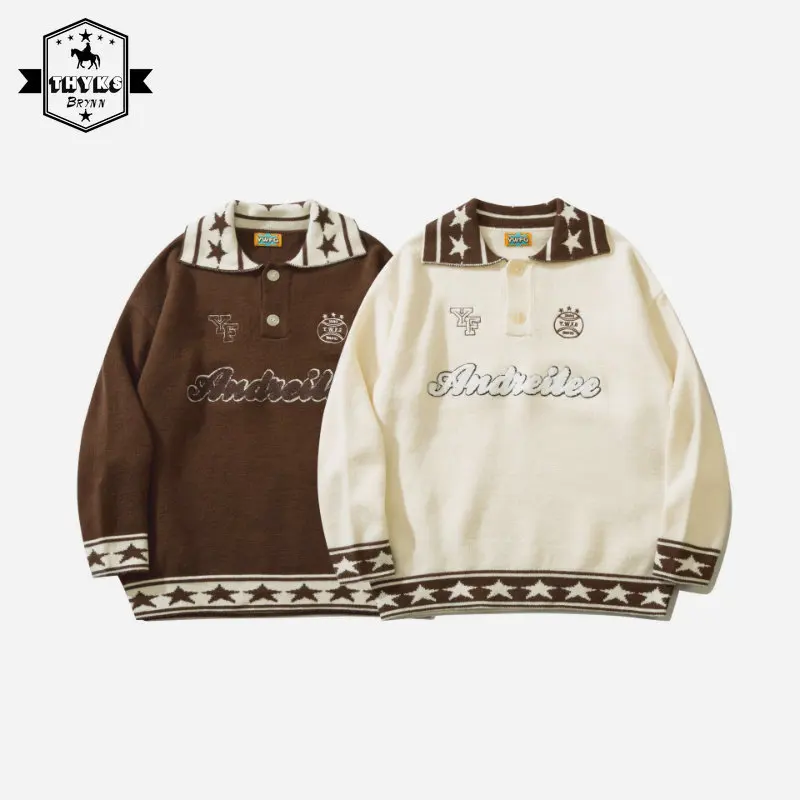 

Japanese Vintage Lapel Pullover Men Button Letter Sweater Loose Causal Patchwork POLO Sweaters Couple Knitted Top Autumn Winter