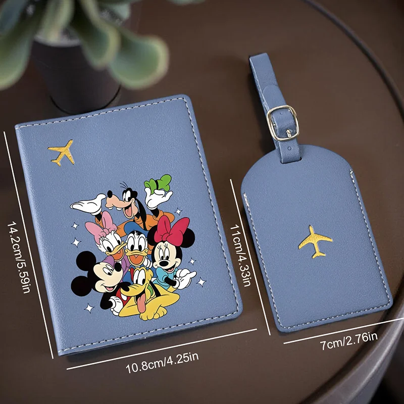 قطعتان من حامل جواز السفر ميكي ميني دونالد ومجموعة علامات الأمتعة، محفظة سفر من البولي يوريثان للجنسين، هدية لطيفة لأساسيات السفر لجميع الأعمار #2