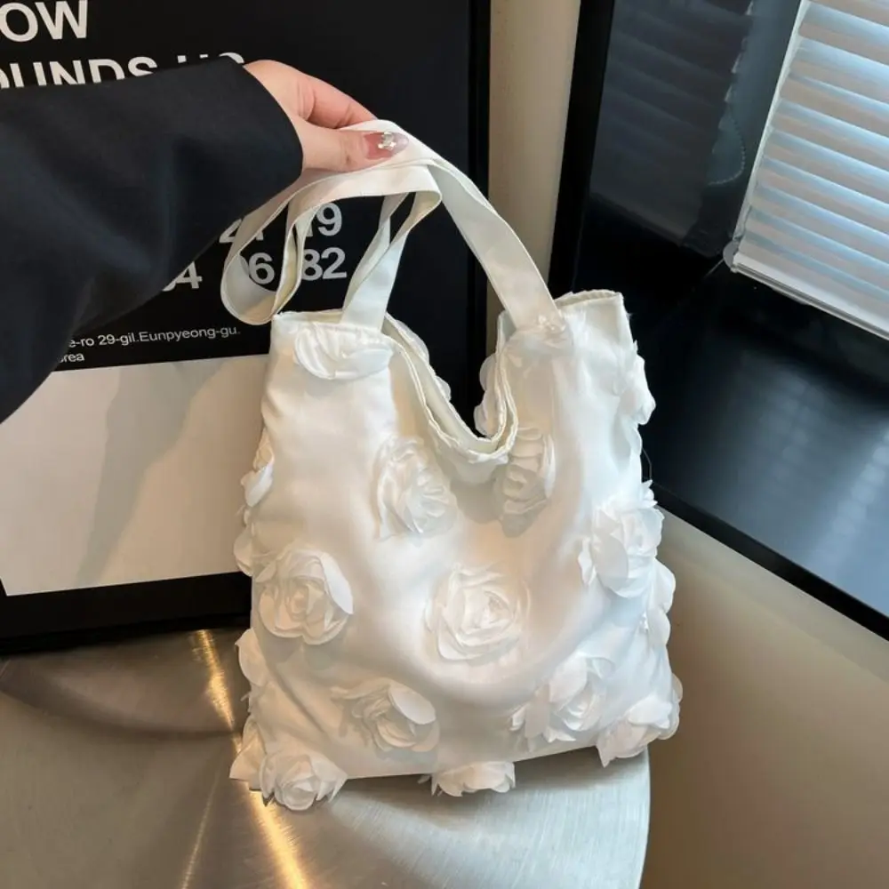 

Elegant White Flower Shoulder Bag Lightweight Korean Flower Tote Bag Fashion Large Capacity Canvas Bag Beach