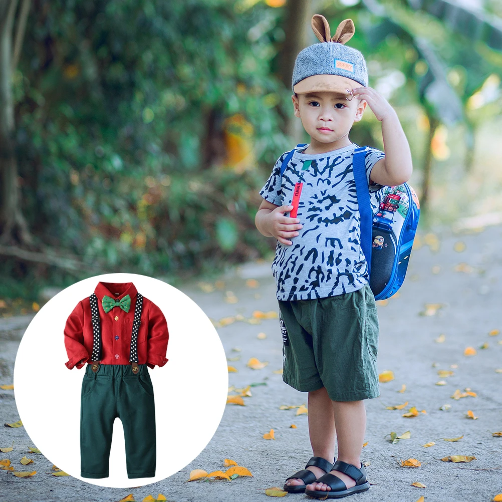

Children Shirt Suspenders Set Durable Material Comfortable Safe Kids Clothing Long Sleeve Bow Tie Christmas Suit