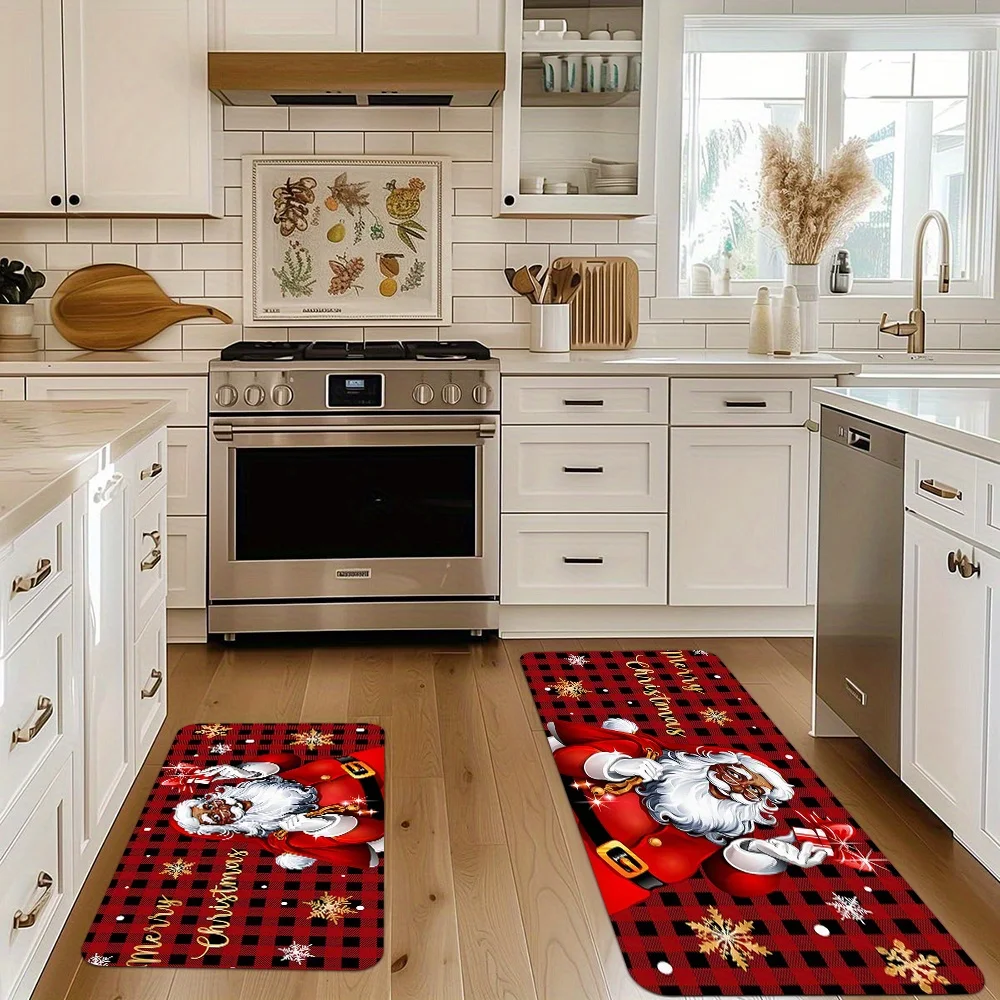 VIKAMA Christmas Red Black Plaid Santa Snowflake Kitchen Rug Set Non Slip Washable Floor Mat Indoor Holiday Decor