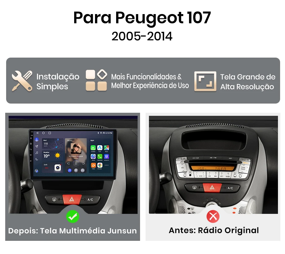 Junsun Wireless CarPlay für Autoradio Apple Auto für Peugeot 107 Toyota Aygo Citroen 2005-2014 GPS Touchscreen Multimedia – Detail 4