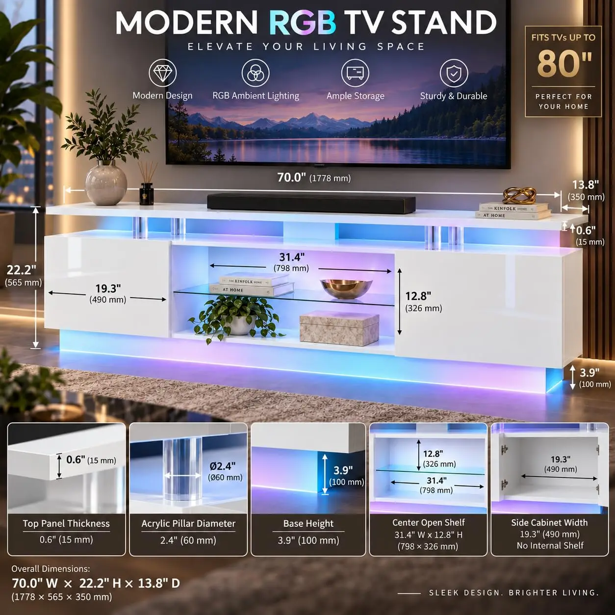 70 Inch TV Stand with RGB LED Lights, Modern White Entertainment Center with Acrylic Pillars, Glass Shelf, 2, Customized