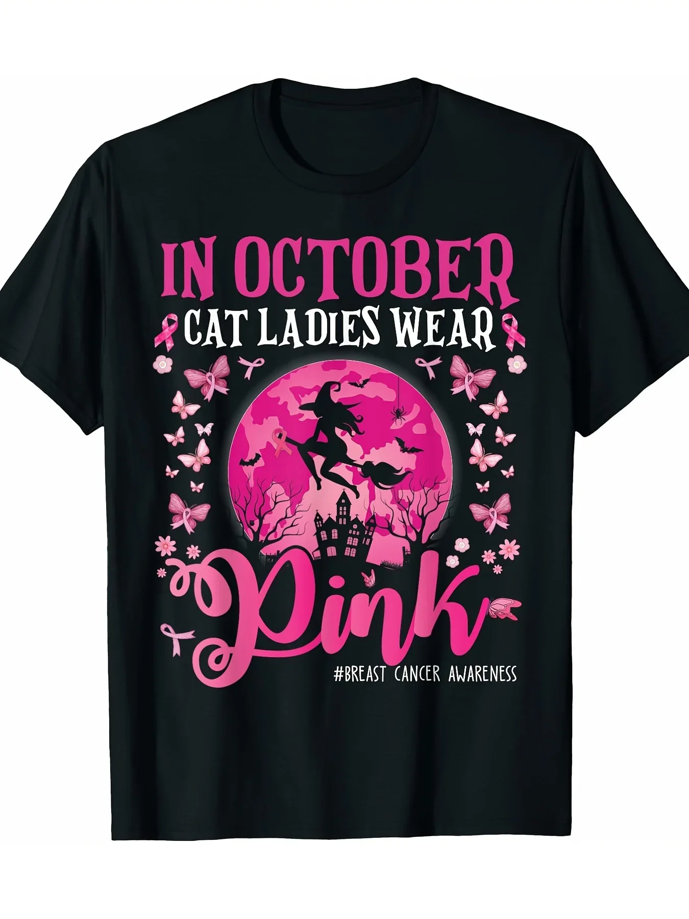 تي شيرت للتوعية بسرطان الثدي অক্টোবর Pink Catwoman Graphic - تي شيرت كاجوال 100% قطن بأكمام قصيرة ورقبة دائرية مع هندسي