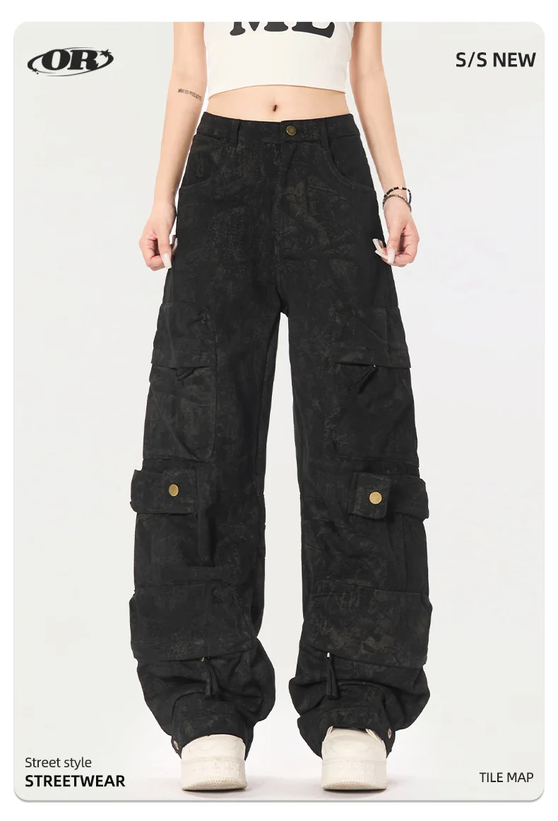 

OR FL Aging 100 Cotton Women Cargo Trousers American Street Trendy Brand Slacks Women's Baggy Wide Leg Pants Waste Soil Y2k