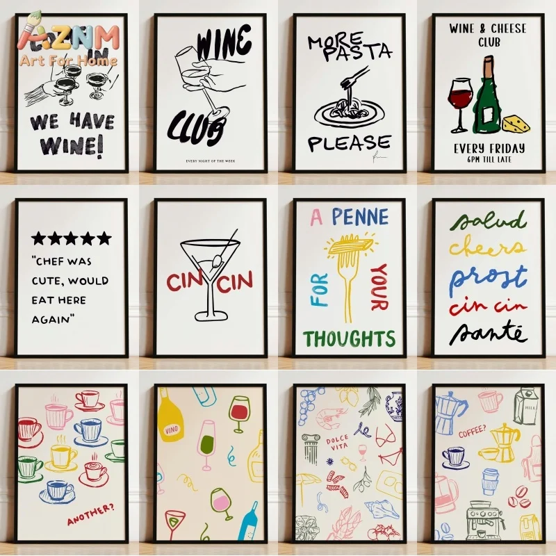 AZNM Hand Drawn Wine Pasta Coffee Canvas Wall Art Retro Food Drink Quote Poster Kitchen Bar Unframed Decor Print