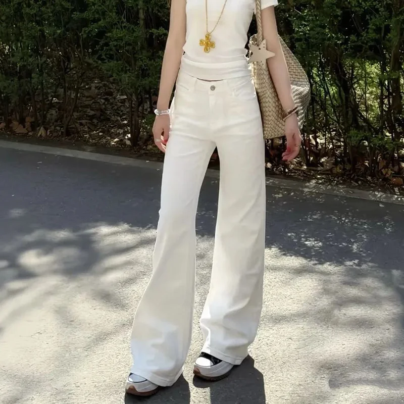 

Lady White Baggy Flared Jeans Pants Female Hot Sale Daily Straight Leg Denim Trousers Girls Classic Korean High Waist Pants