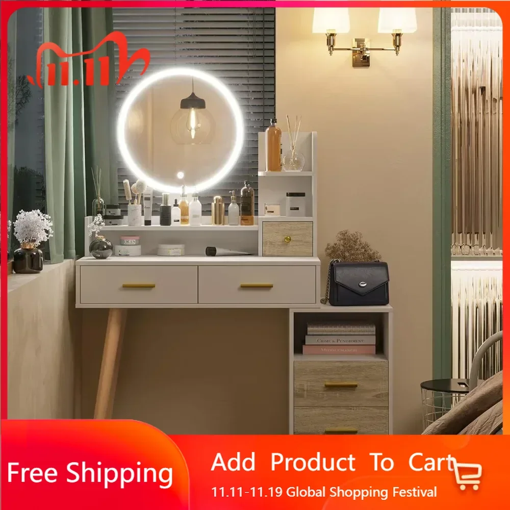 

Makeup mirror with light and table vanity set, 3 color lighting modes and touch screen, with bedside table and open shelf