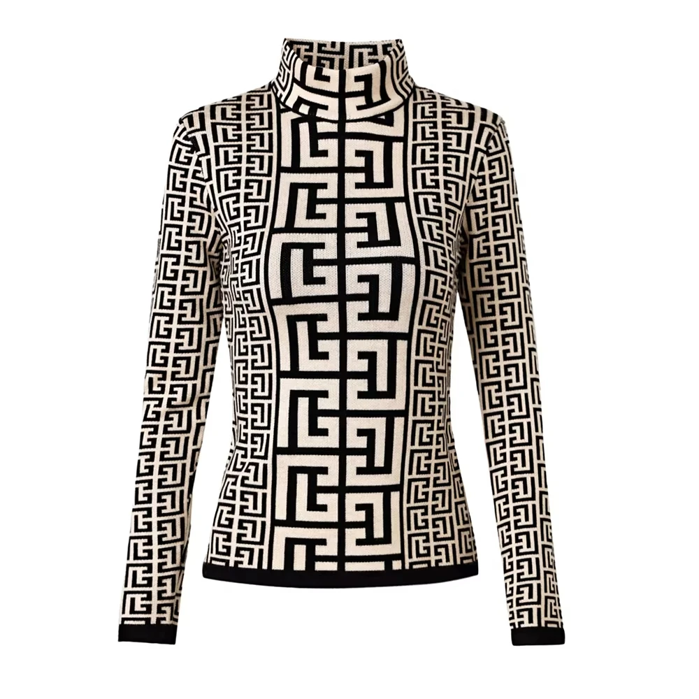 Collezione autunno inverno collo mezzo alto nero bianco geometrico quadrante abbigliamento casual donna maglieria pullover maglione di alta qualità