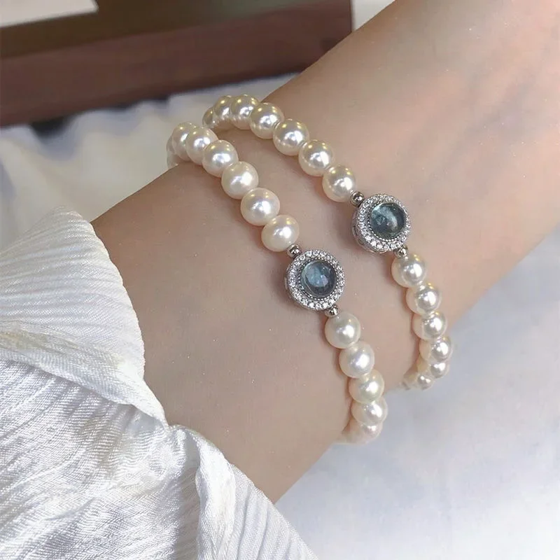 Pulsera de perlas de circón azul de Plata de Ley 925 para mujer, brazalete francés Vintage de lujo, joyería de moda para fiesta, regalos de vacaciones