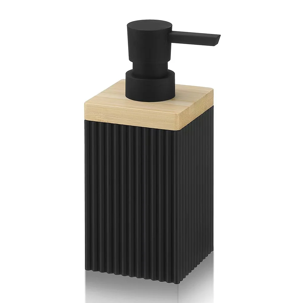 

One Black Modern Square Soap Dispenser with Bamboo Wood Decor for Bathroom Hand Wash and Kitchen Dishwashing Liquid