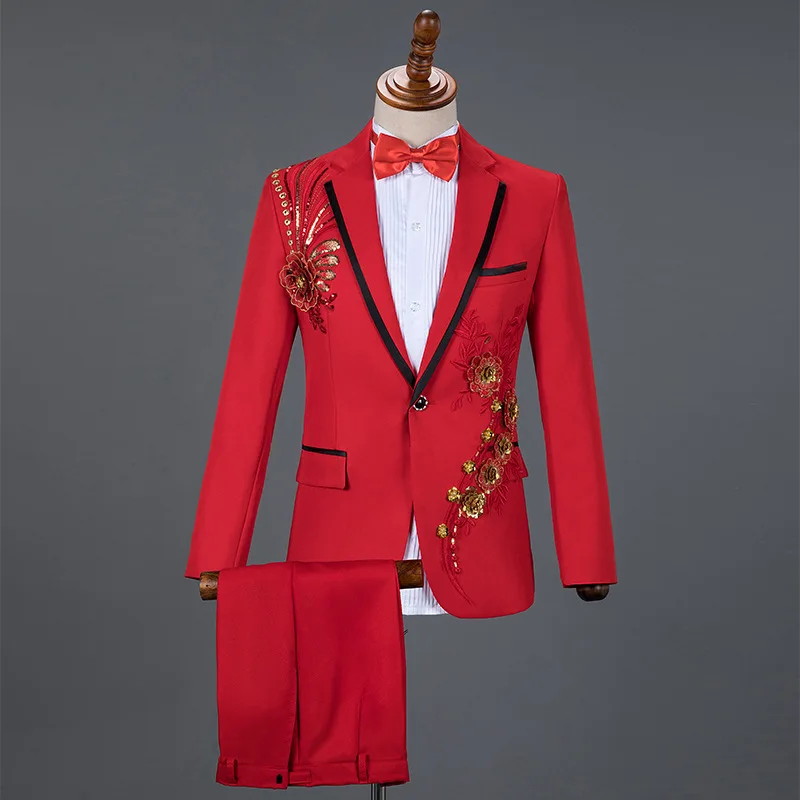 

2026 New Men's Red Two-Piece Suit: Embroidered Jacket Paired with Matching Trousers, Perfect for Weddings, Parties, Performances