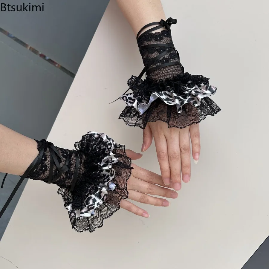

Cutecore Lolita, черные кружевные перчатки на запястье с рюшами, готические перчатки без пальцев с оборками, стимпанк, пикантная девушка, аксессуар для косплея