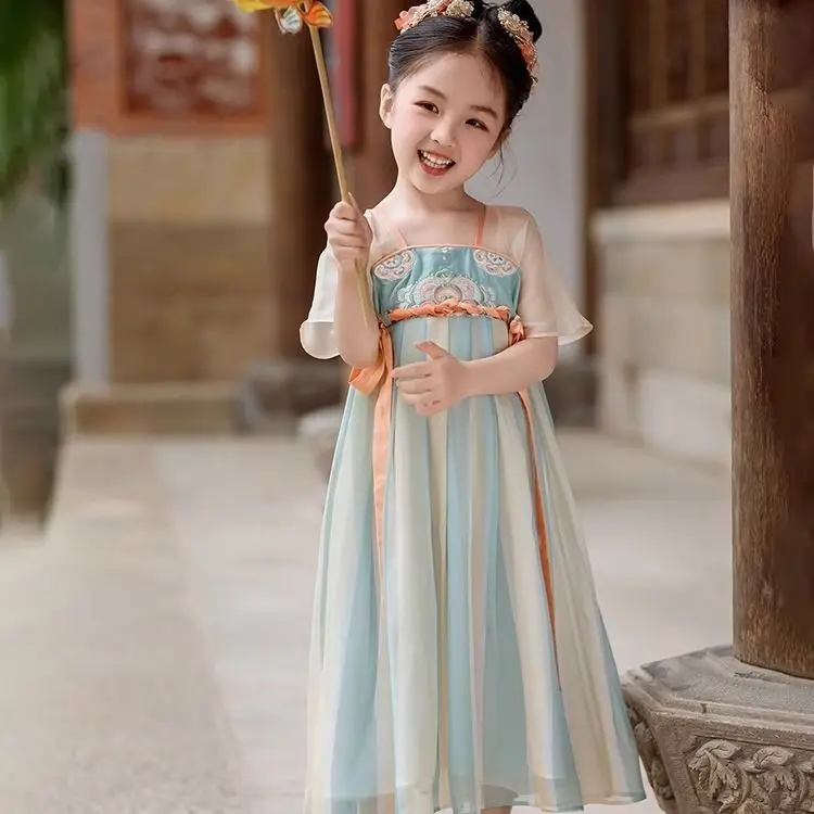 Hanfu gaun lengan pendek anak perempuan, Gaun gaya China harta karun gaya kuno Musim Panas 2024