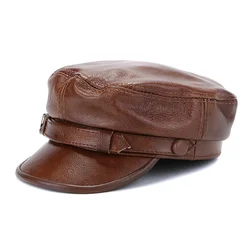 New Men Genuine Leather Flat Army Hat Cowhide Fitted For Man Personality Locomotive Punk Black/brown Baseball Caps