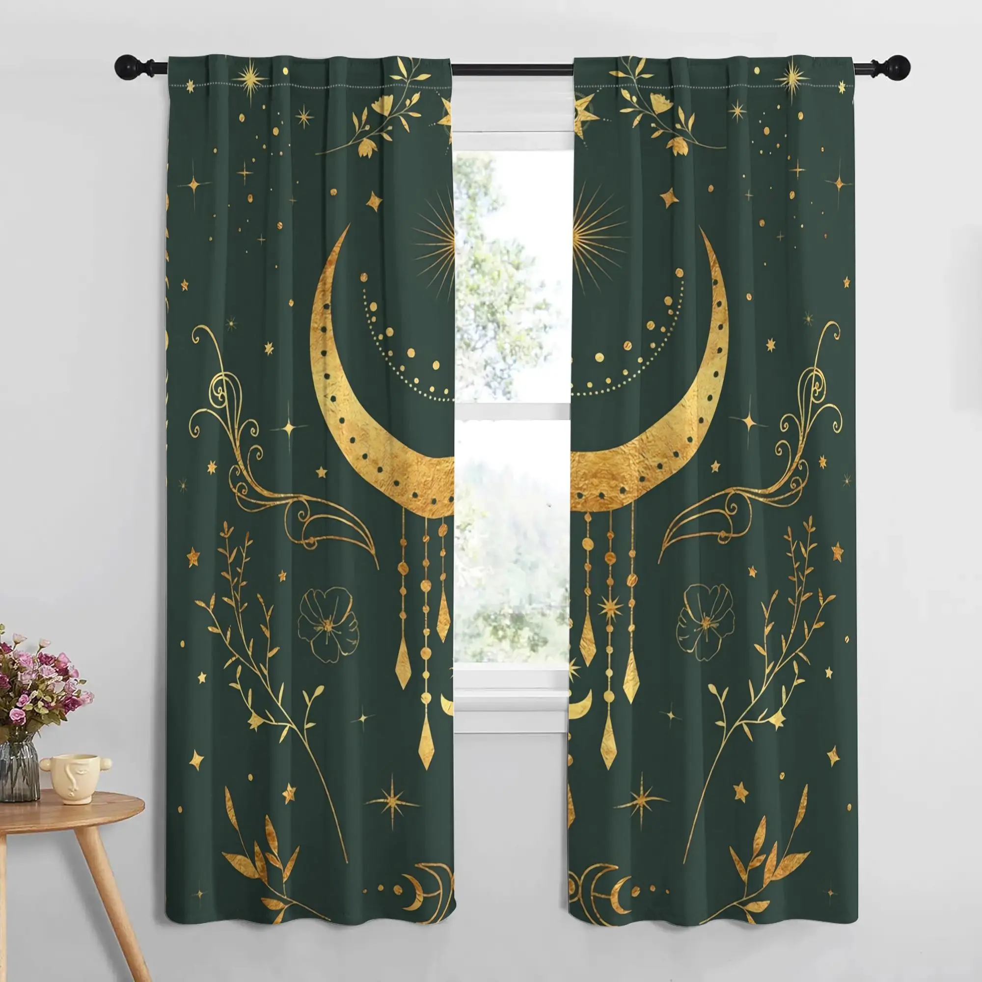 Luxurious Celestial Moon Star Curtains Pair Green Boho Galaxy Window Drapes Aesthetic Home Decor Living Room Bedroom Accent Curt