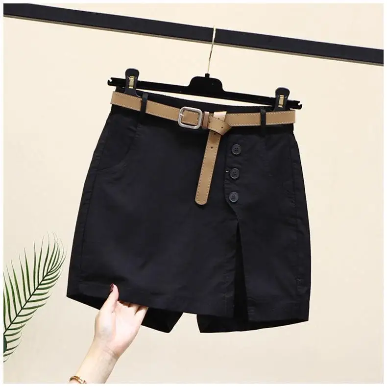 Women's summer shorts with a belt, pure cotton, versatile fashion, new 2025 Korean style, high-waisted A-line skirt with buttons