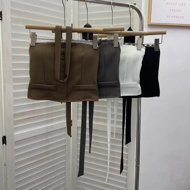 Sleeveless Backless Splice Knitted Vest Women's Chest Pad Fake Pocket Button Short Style Drifting Band Top Trendy Streetwear