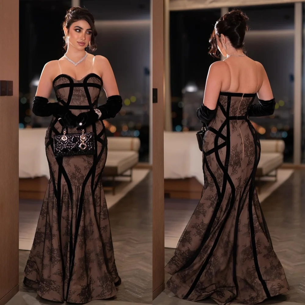 

Customized Exquisite Elegant Jersey Pleat Lace Mermaid Strapless Long Dresses Bespoke Occasion Dresses Exquisite Sizes Available