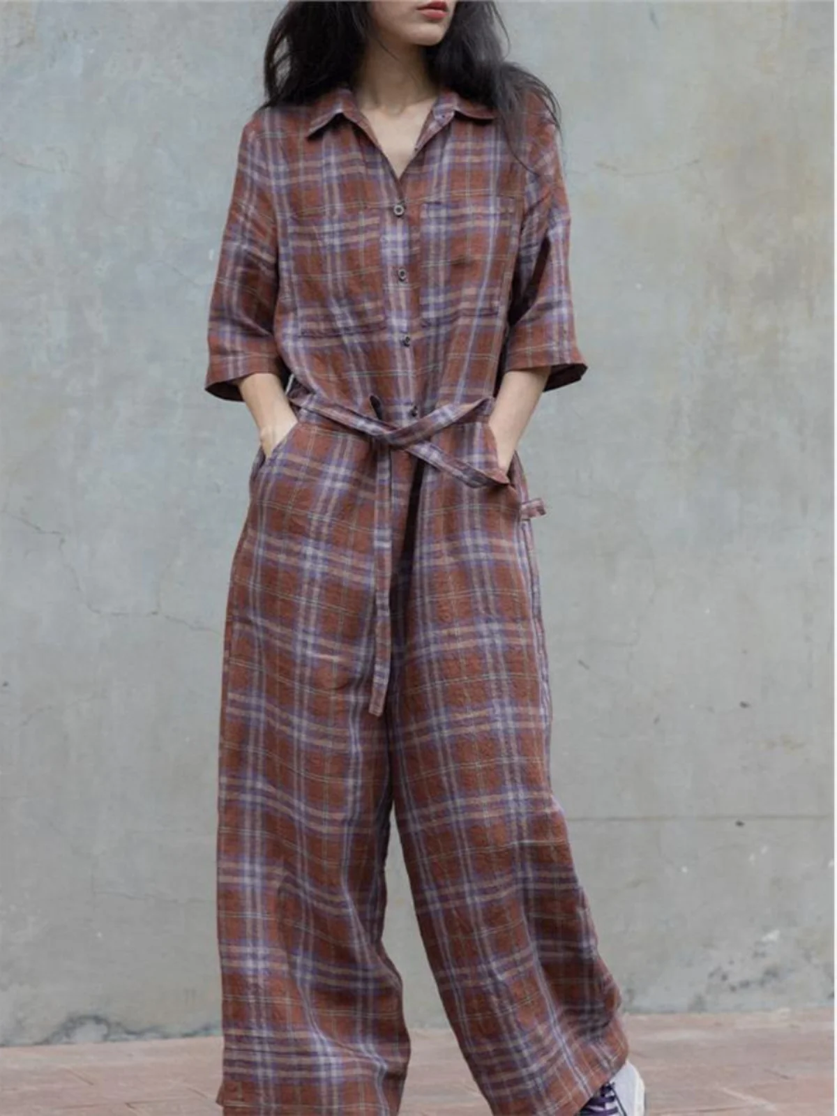 

Летние новые льняные брюки в клетку для женщин, свободные, тонкие, в стиле ретро, с высокой талией, длинные, оригинальные, без фирменной марки...