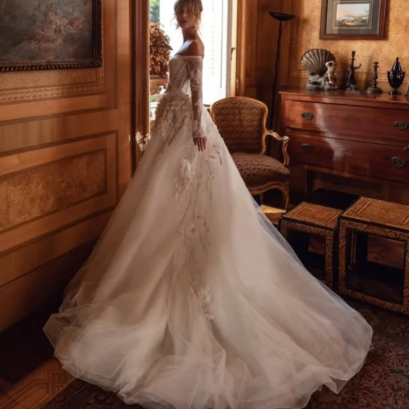 semplici abiti da sposa bianchi in pizzo maniche lunghe decalcomania spalle scoperte fiori 3D abiti da sposa multistrato realizzati su misura