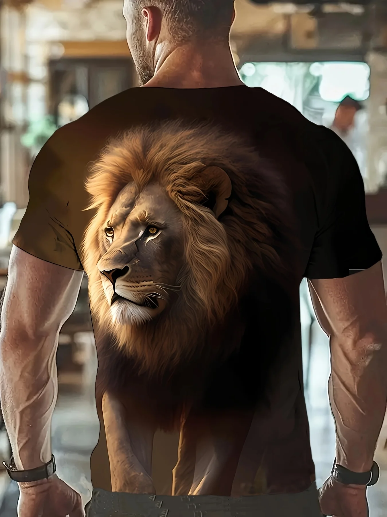 Herren-T-Shirt mit realistischem Löwengesicht-Print in dunklen Tönen, schwarz, Wildtier-Dschungel-Motiv, Rundhalsausschnitt, Kurzarm – Detail 3