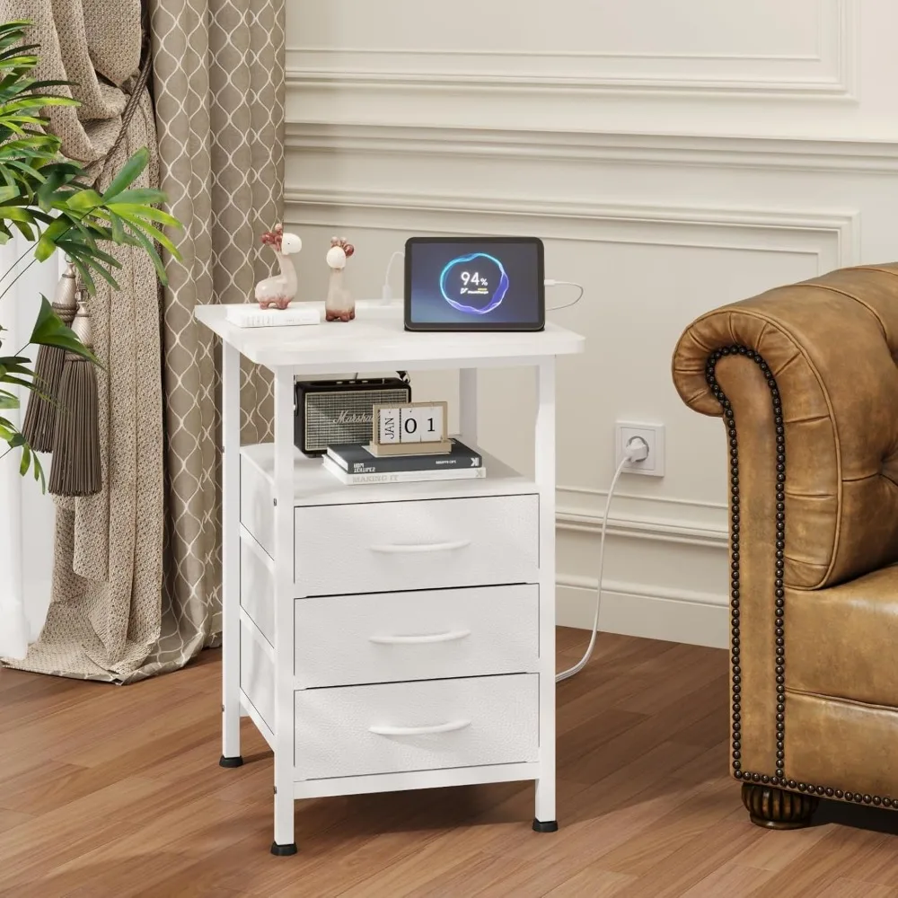 Home Furniture Night Stand Set 2 With 19'' Large Tabletop and 3 Fabric Drawer Bedroom Bedside Table Fast Charging Station White