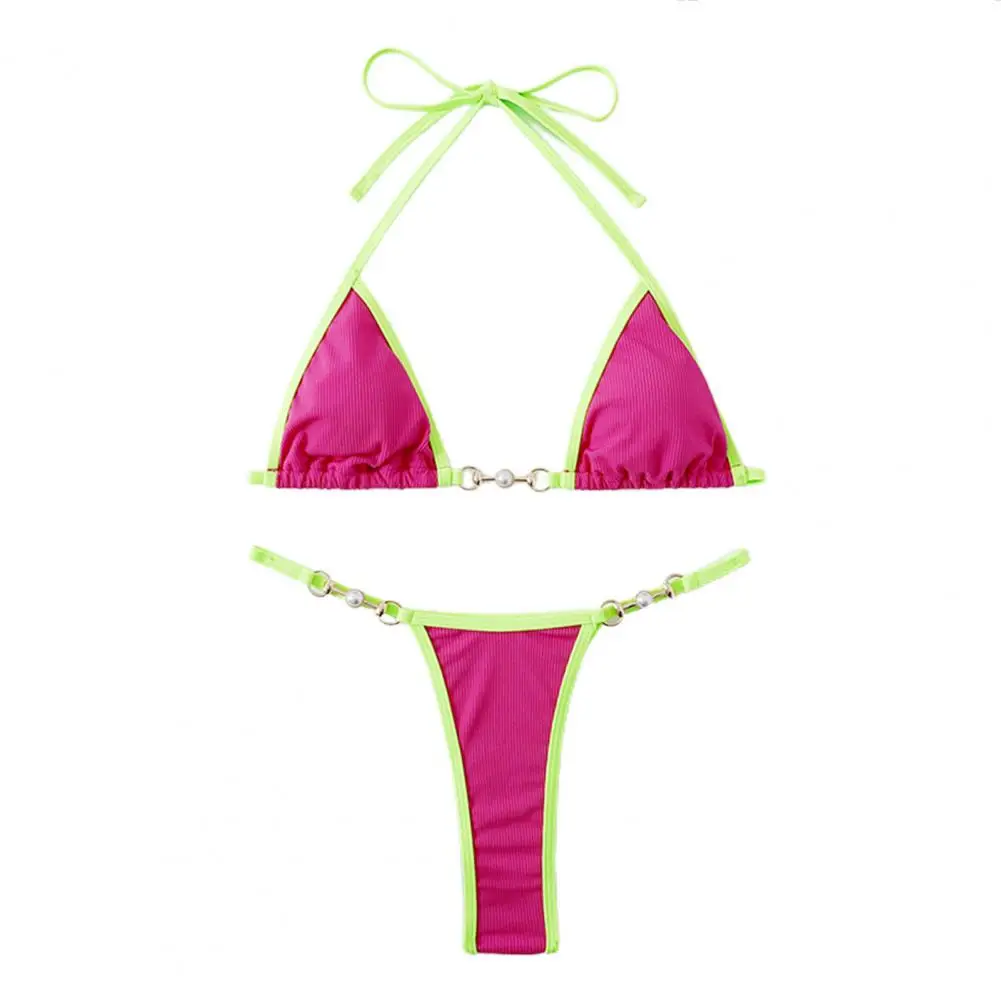 2 Pcs/Set Women Bikini Set Contrast Color Halter Neck Three-point Imitation Pearl Deep V Neck Swimming Suit Bathers
