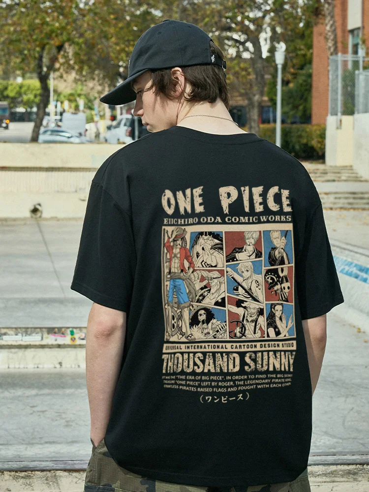 

Japanese Animation Short-sleeved T-shirt Men's Straw Hat Luffy Cartoon Two-dimensional Loose Cotton Summer Half-sleeved Top