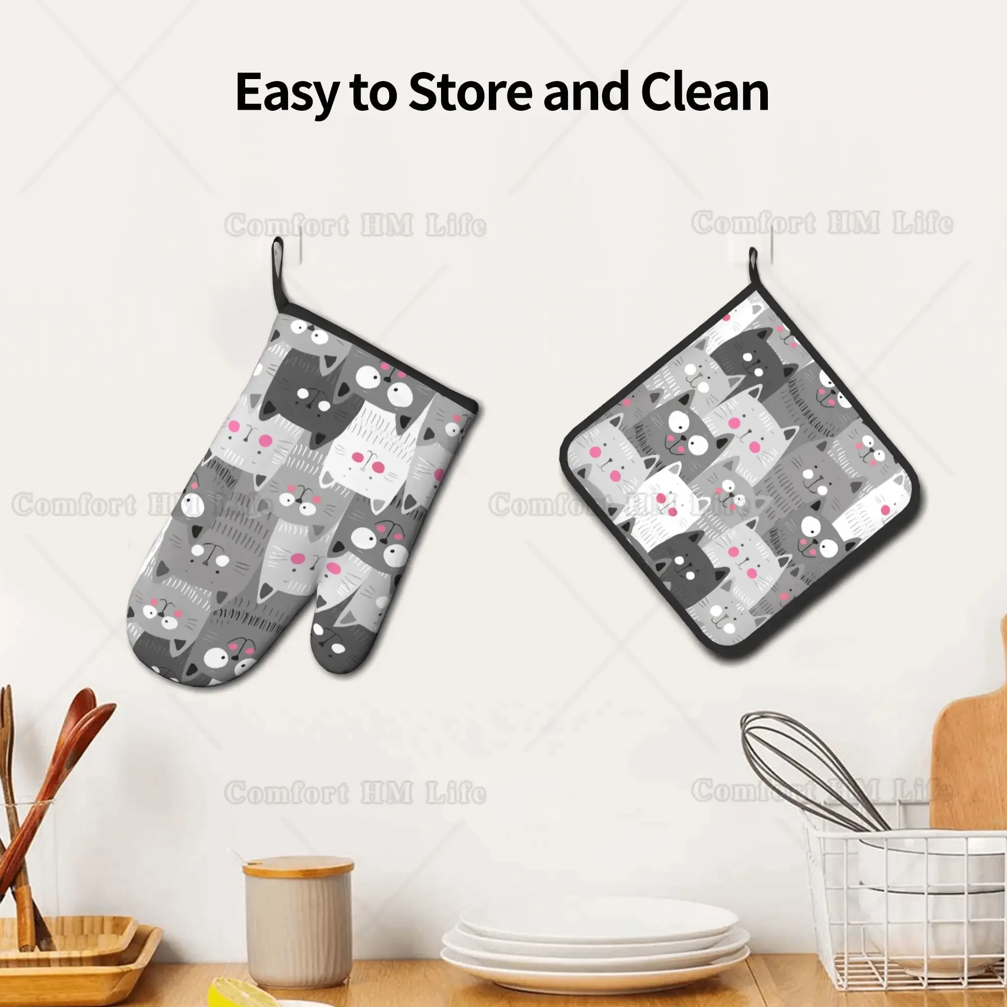 Cute Cats Oven Mitts and Pot Holders Insulated Gloves & Kitchen Counter Safe Mats for Cooking BBQ Baking Grilling 2 Pieces Set