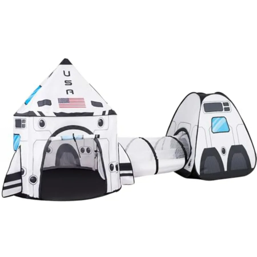 

White Rocket Ship Pop up Play Tent with Tunnel and Playhouse Indoor Outdoor Spaceship Tent Set