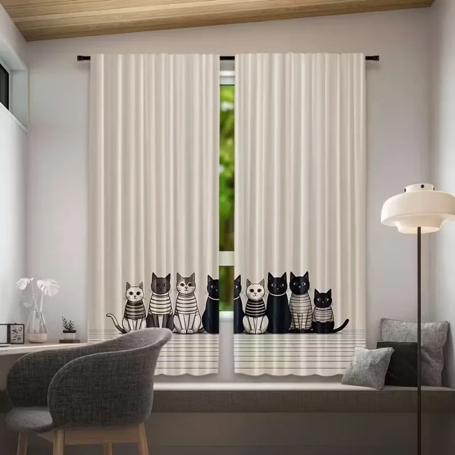 2 PCS Cartoon Cat Curtains, Adorable Cute Style Window Drapes for Living Room Bedroom Home Decor Polyester Rod Pocket Design