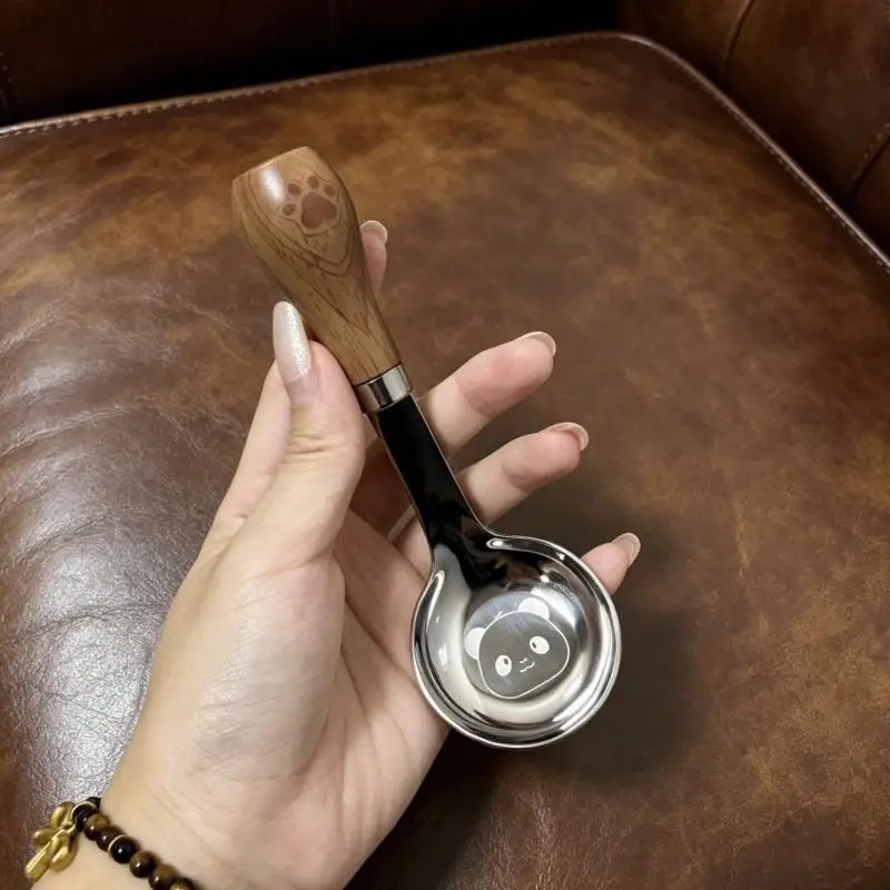 Stainless Steel Short Handle Soup Spoon Cute Panda Pattern Non Slip Wood Grain Handle For Kids Toddlers Daily Use