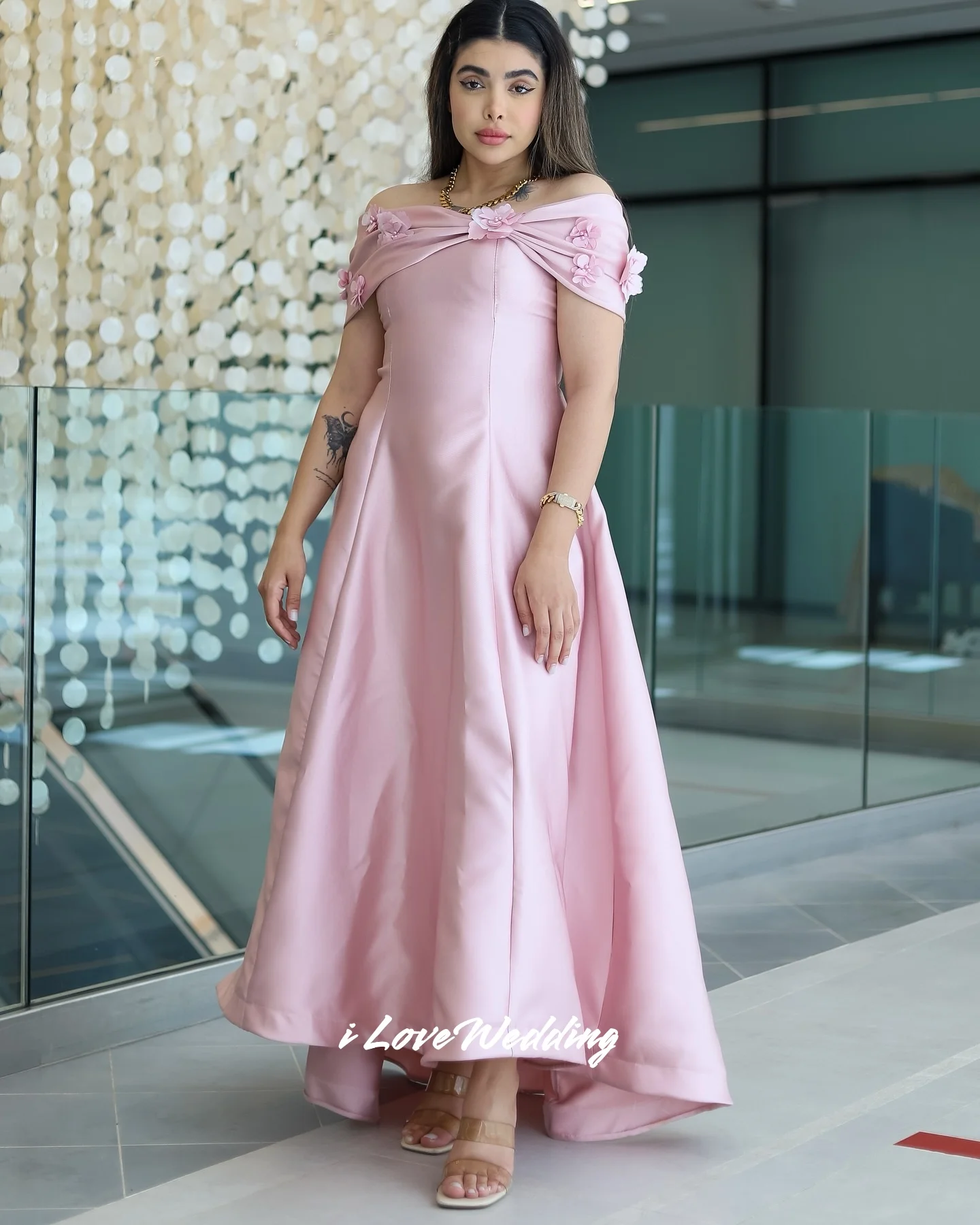 

Pink Off the Shoulder Prom Dresses 2025 Flower A-line Beaded Ankle-Length Evening Dress Pleated Wedding Party Dresses Customized