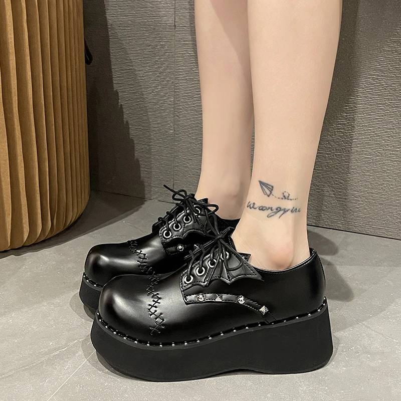 Y2K Rivet Punk Gothic Shoes Girls Lace-Up Chunky Platform Mary Janes shoes Women Japanese Style Wedges Pumps  PU Leather Shoes