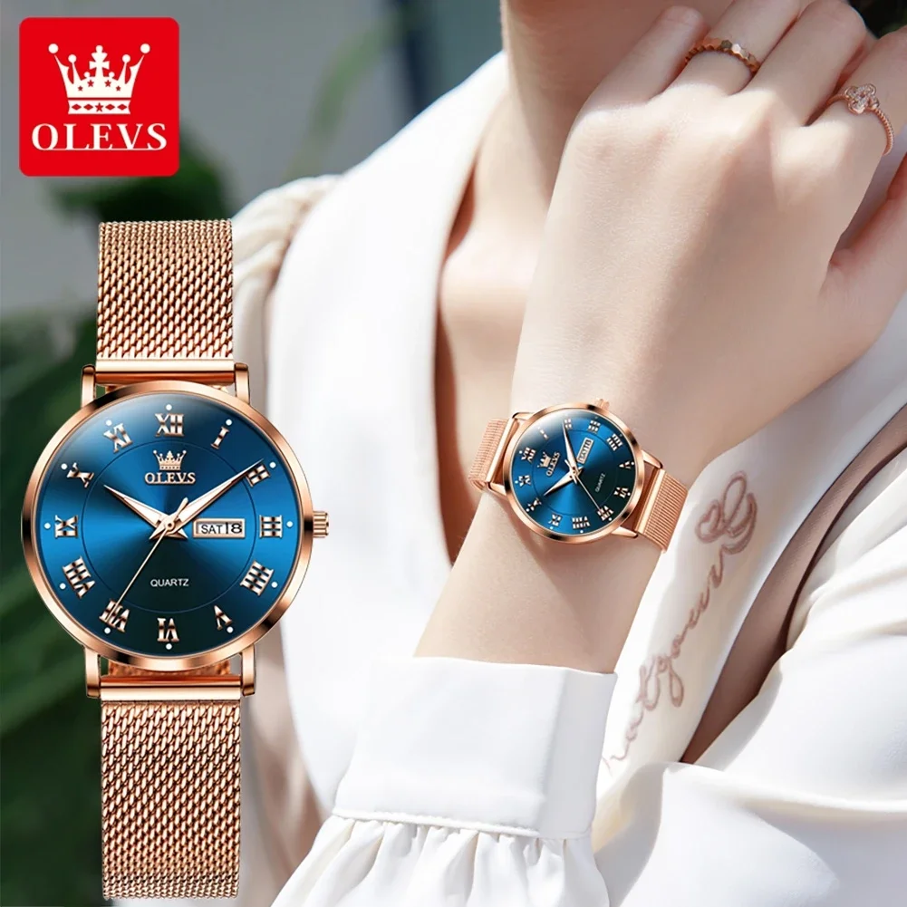 OLEVS Top Brand Ladies\' Watch Elegant Rose gold Milanese Steel Strap Roman Scale Week Display Calendar Women Quartz Wrist watch