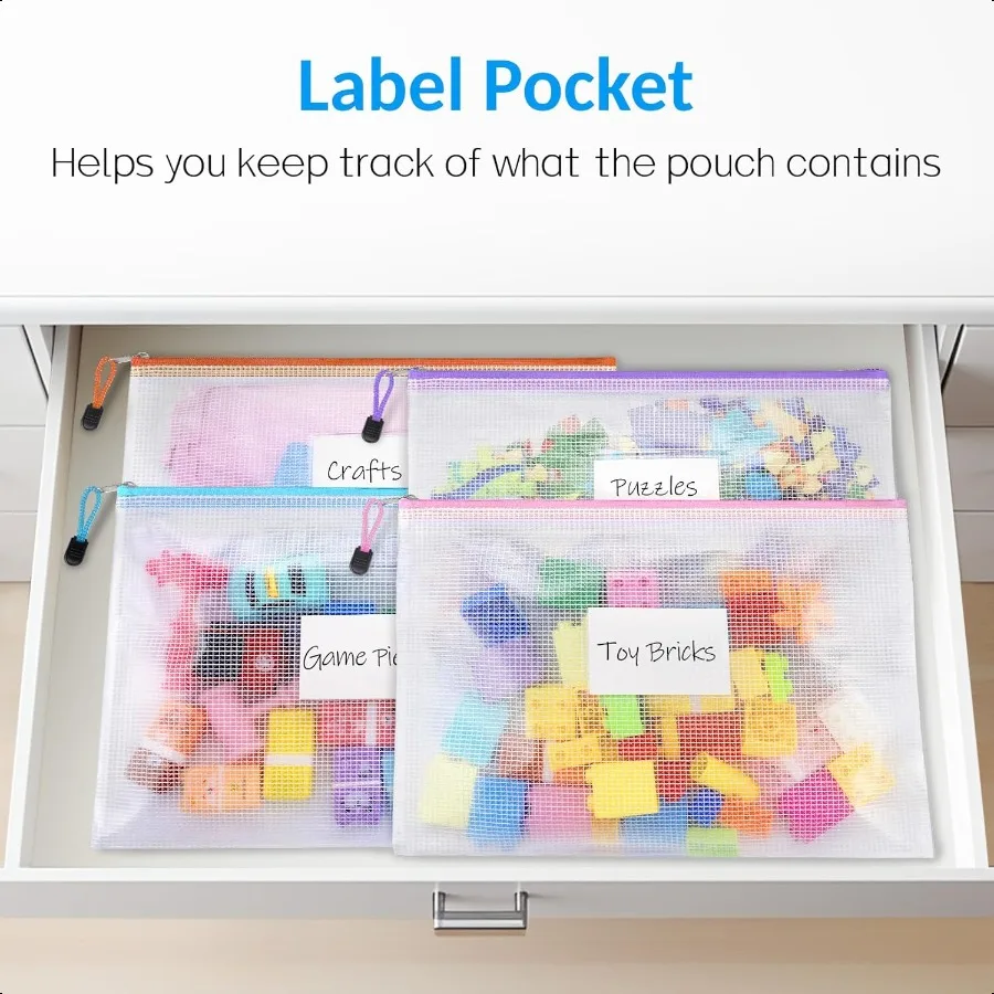 Confezione da 20 sacchetti in rete con cerniera Borse con cerniera formato lettera A4 con tasca per etichette Sacchetti impermeabili per lavagna dell'organizzazione dell'aula