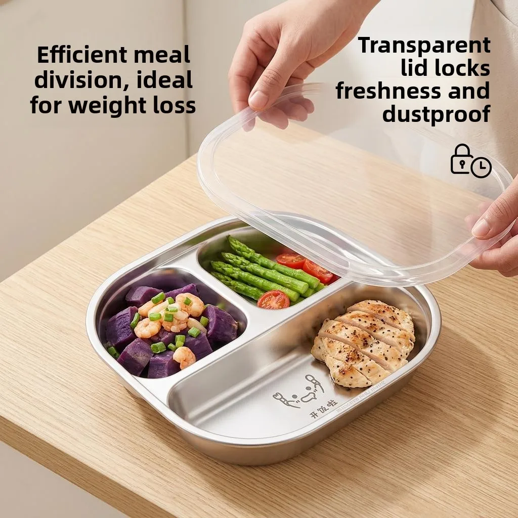 

Stainless Steel Thickened Three Grids Fat Reduction Food Grade Three-In-One Meal Plate Cartoon Home New Model Dining Utensils