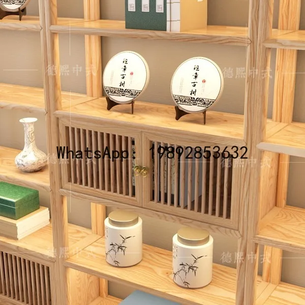 Hys white ash wood curio cabinet, solid wood tea rack, new chinese style display cabinet with lighting and storage shelves