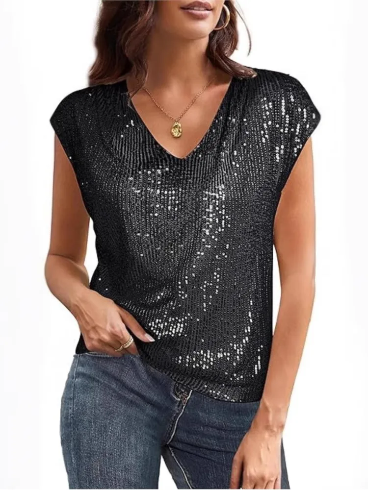 2025 Women's V Neck Glitter Sequin Shirttop Casual Sleeve Length T-shirt Cross-border Trade, blusas elegantes verano mujer