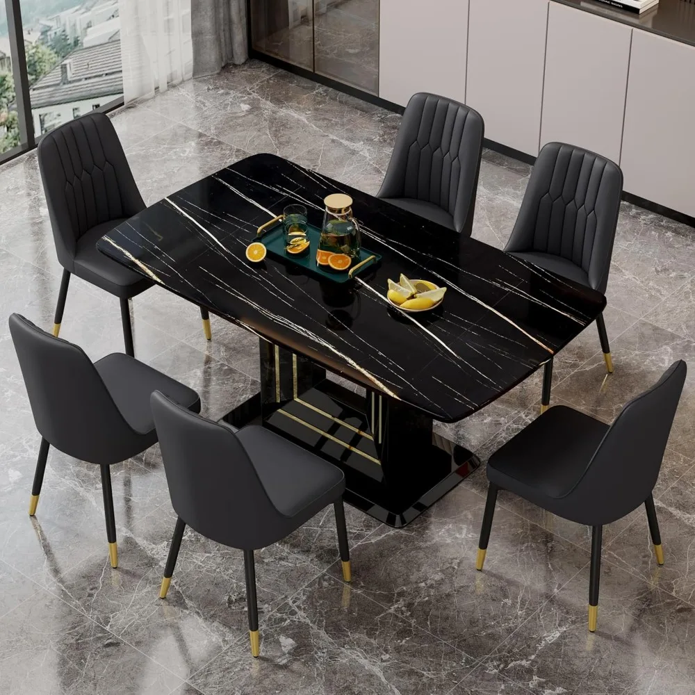 

Dining Table Set for 6, Kitchen Table and Chairs for 6, Black Faux Marble Pattern Table with 6 Modern Dining Chairs