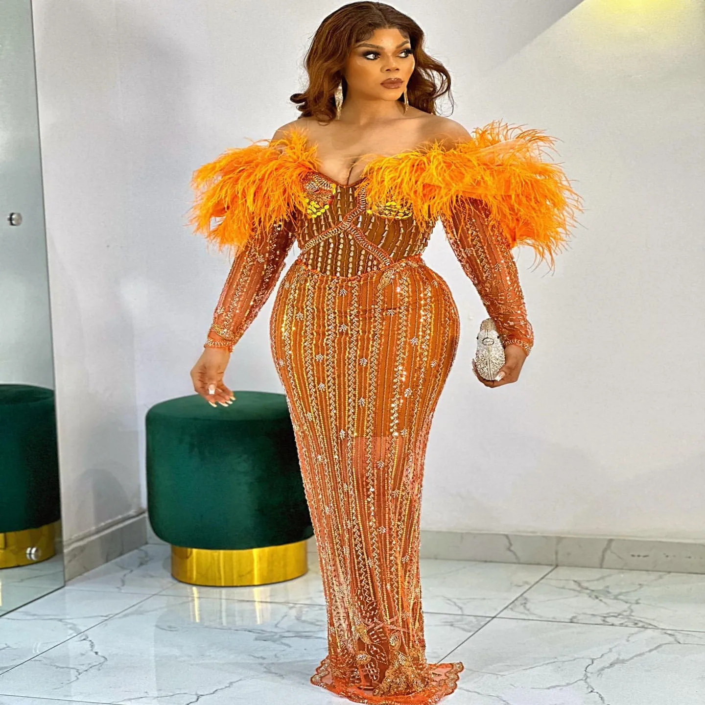 

2024 Orange Straight Prom Dresses Beaded Feather Sequined Evening Formal Party Second Engagement Birthday Gowns Dresses 023