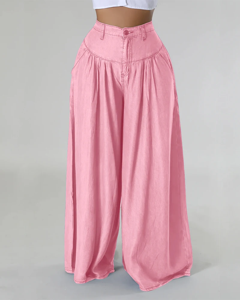 Pantalones acampanados plisados de pierna ancha para mujer, sueltos de Vaqueros cintura alta, informales, Color sólido, Y2k, 2024