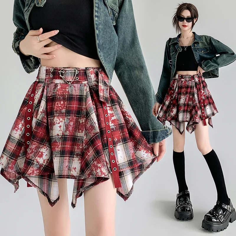 mini jupe falda deportiva mujer 레이어드 스커트 Irregular Hem Vintage Short Skirt New Style Design Red Plaid Skirts