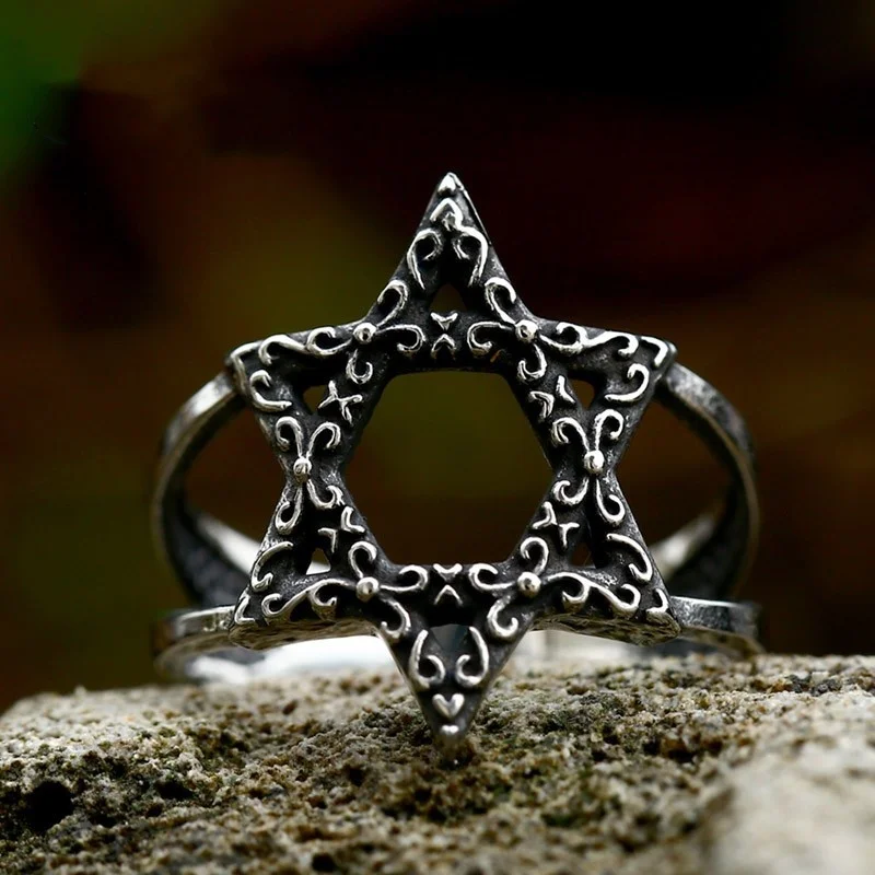 Vintage Polished and Blackened Stainless Steel Ring Creative Hexagonal Star Personalized Men's Tail Ring Hollow Accessory